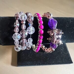 Lot of 3 Purple & Fuchsia Beaded Bracelets Faceted Glass Crystal Stretch Vintage